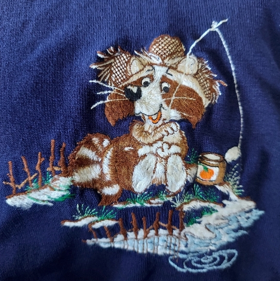 Vintage Adee of California Embroidered "Racoon Gone Fishing" V-Neck Sweater - Picture 1 of 7